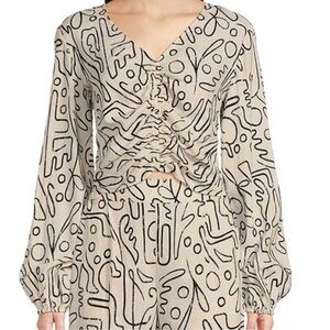 Every Abstract Print Linen-Blend Long Sleeve Crop Top - NWT Size S